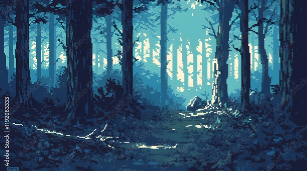 Obraz premium Retro-style pixel art of a dark forest with black shadows, creating a mysterious atmosphere.