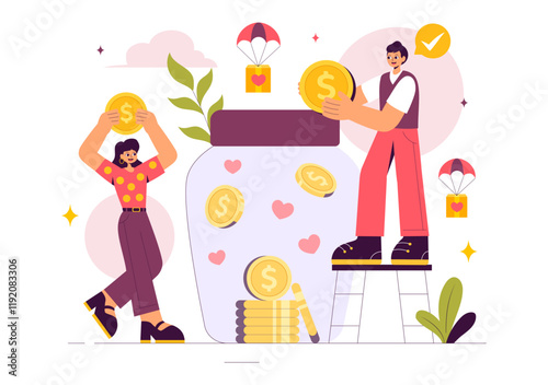 Fundraiser Vector Illustration featuring a Heart to Symbolize Support and Humanitarian Assistance, with Themes of Charity, Donation and Helping Others