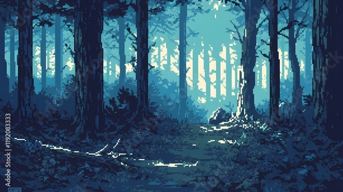 Retro-style pixel art of a dark forest with black shadows, creating a mysterious atmosphere.