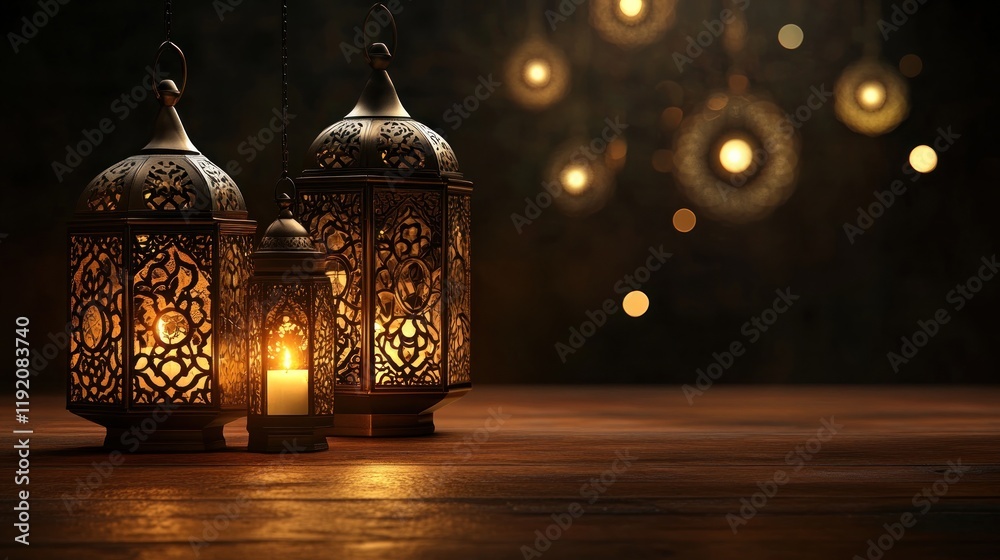 Decorative lanterns casting warm light in a cozy setting. Decorative lanterns casting warm light in a cozy setting.