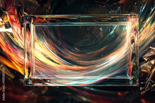 A blank rectangular frame made of fragmented glass shards, hovering over a swirling, multicolored vortex of light and shadow. photo