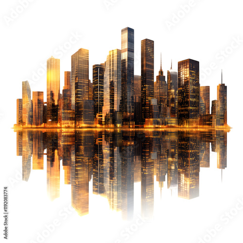 Golden hour cityscape with skyscrapers and reflections isolated on transparent background, cut out, png, clipping path
