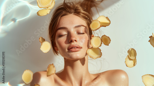 Radiant glowing skin model surrounded by Ginger extracts on a clean soft background with text space photo