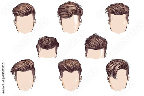 A set of modern menâ€™s hairstyles including crew cuts, undercuts, and side parts, isolated on a plain white background for fashion designers to study.