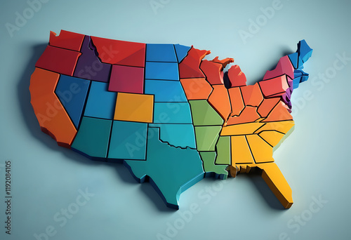 Colorful 3D Map of the United States Divided by States
