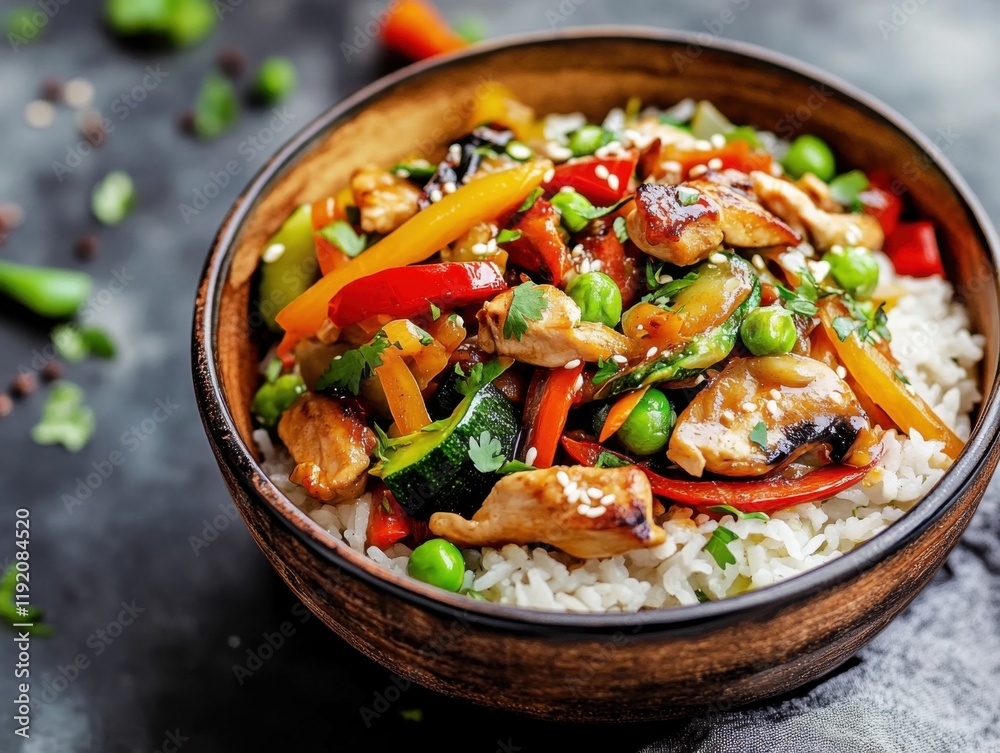 A bowl of rice with stir-fried vegetables and chicken. Featuring a vibrant mix of colors and textures. Highlighting a nutritious and balanced meal. Ideal for recipe blogs and healthy eating articles. A bowl of rice with stir-fried vegetables and chicken. Featuring a vibrant mix of colors and textures. Highlighting a nutritious and balanced meal. Ideal for recipe blogs and healthy eating articles.