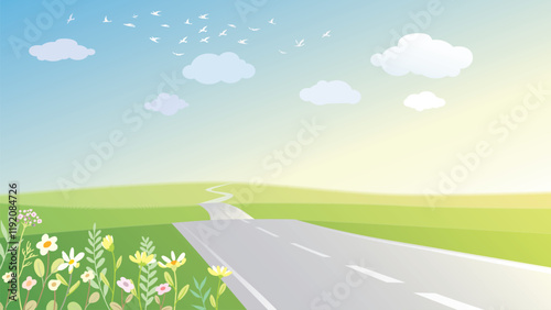 Vector illustration of a sunny meadow with a winding road, small flowers, and a warm toned sky, ideal as a backdrop, background