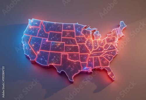 USA Map with Neon State Borders and Network Connections