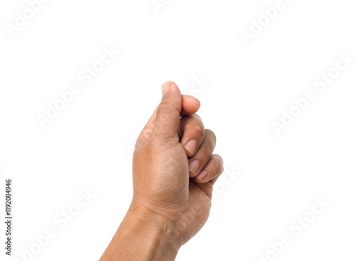 Male hand making a gesture of holding a card or business card. Some types of documents ID card Or a passport, coin, or something. Isolated on a white background.
