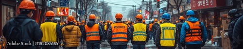 Wallpaper Mural Workers in High-Visibility Vests During Labor Protest, Labor Protest in Urban South Korea with Workers and Police Presence Torontodigital.ca