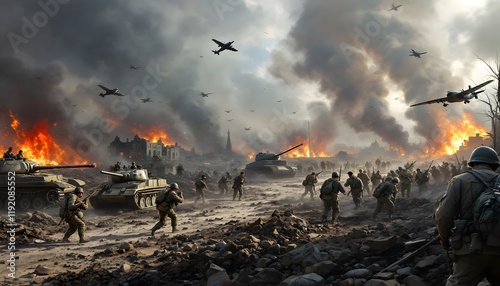Dramatic Battle Scene Depicting Soldiers in Action Amidst Explosions and Warplanes Overhead