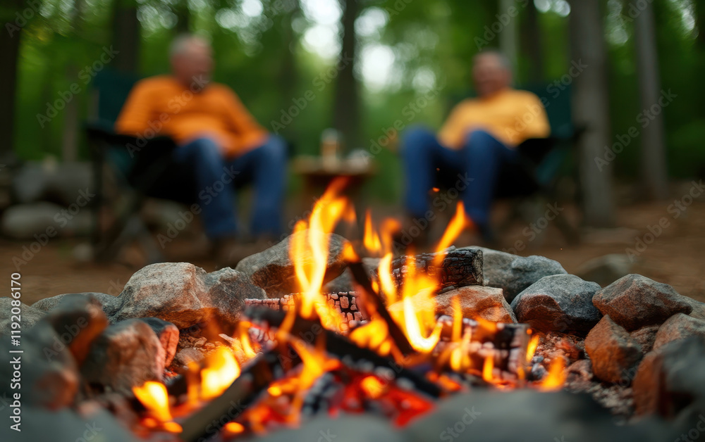Warm campfire in forest setting with two people enjoying storytelling Warm campfire in forest setting with two people enjoying storytelling