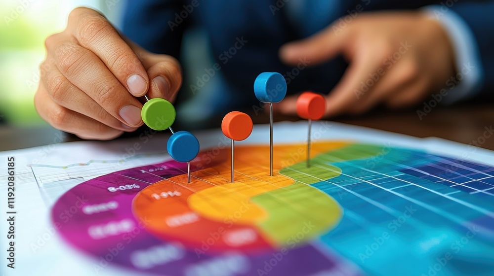 Fototapeta premium Hand placing colorful pins on a business chart with a vibrant pie graph. A concept of data analysis, strategic planning, and decision-making in business.