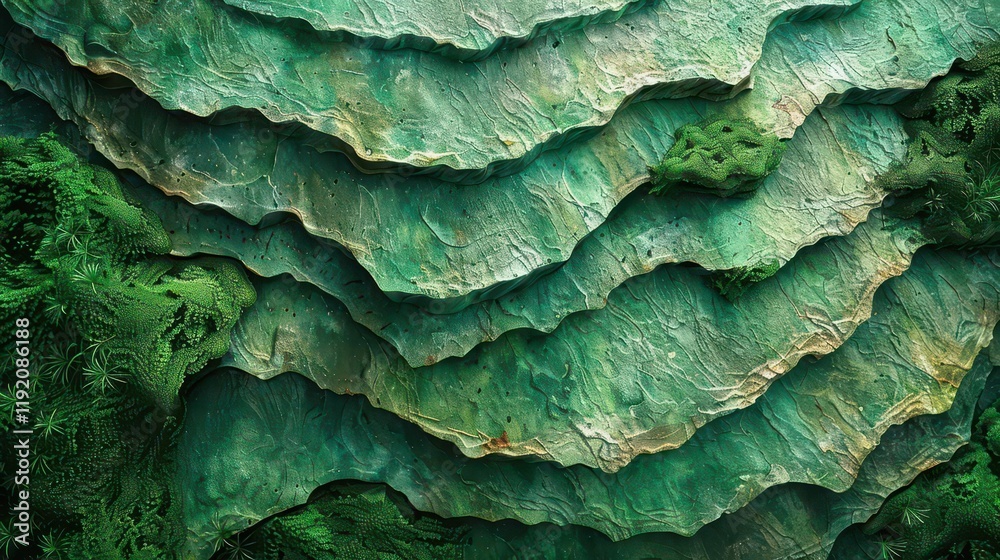 Fototapeta premium Abstract layered green textures resembling geological formations.