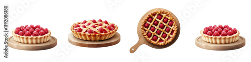 Raspberry pie on a wooden tray isolated on white background. Collection Png. photo