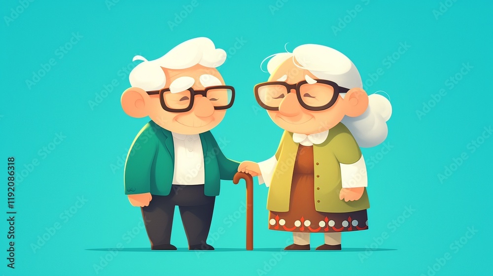 an elderly couple standing side by side. The man, with white hair, holds an old-fashioned cane, smiling at his wife an elderly couple standing side by side. The man, with white hair, holds an old-fashioned cane, smiling at his wife