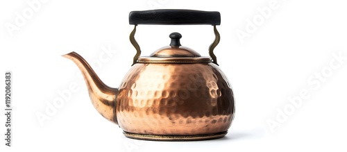 Vintage-style copper kettle with black wooden handle, high-resolution photo on clean white,