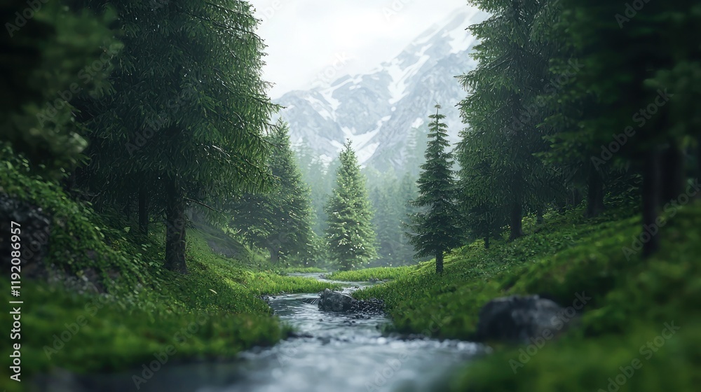 Serene Mountain River: A Misty Forest Scene Serene Mountain River: A Misty Forest Scene