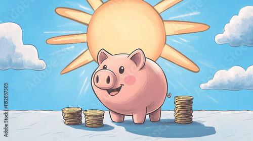 Happy Piggy Bank with Coins under Sunshine photo