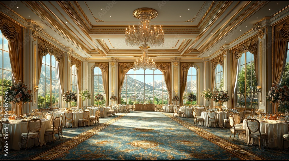 Obraz premium Elegant banquet hall with scenic views.