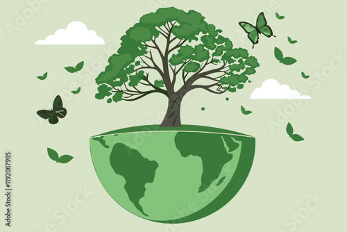 World Environment Day poster, green planet Earth split open, lush tree growing inside, vibrant ecosystem, floating leaves, butterflies, white clouds, light green background, digital illustration, envi