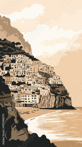 Retro Positano Italy Beach Cityscape Poster in Vintage Lithograph Style