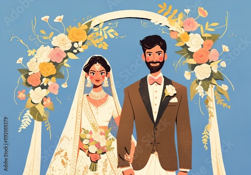 Indian couple under wedding arch, bride in white with loose waves, holding a bouquet of roses. Groom in brown suit with black beard, matching flower bouquet.