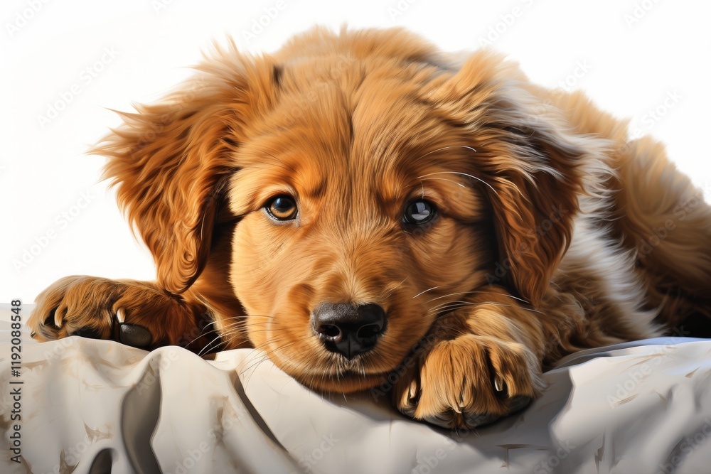 Fototapeta premium Adorable puppy relaxing on a cozy dog bed. Perfect for pet products, home comfort, or relaxation themes.