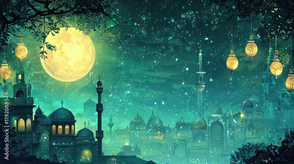 Magical Night in Old City, Lanterns Glow, Moonlit Scene, Fantasy Illustration, for Book Covers