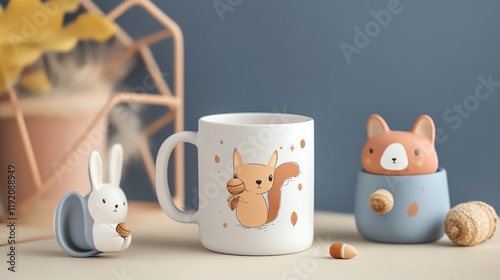 A cute arrangement featuring a whimsical mug and animal figurines, perfect for a cozy, playful home decor aesthetic.