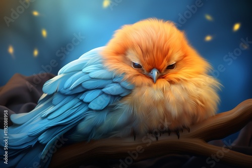 A fluffy bird with vibrant blue and orange plumage rests on a branch, its feathers fluffed up for warmth.