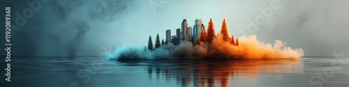 of a vibrant autumn cityscape with towering skyscrapers and high rise buildings reflected in a misty lake or river creating a surreal and futuristic atmosphere with a dramatic moody photo