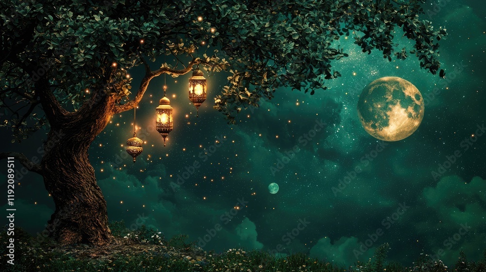 Obraz premium Moonlit night, lanterns hanging from ancient tree, starry sky, fantasy scene, ideal for mystical backgrounds