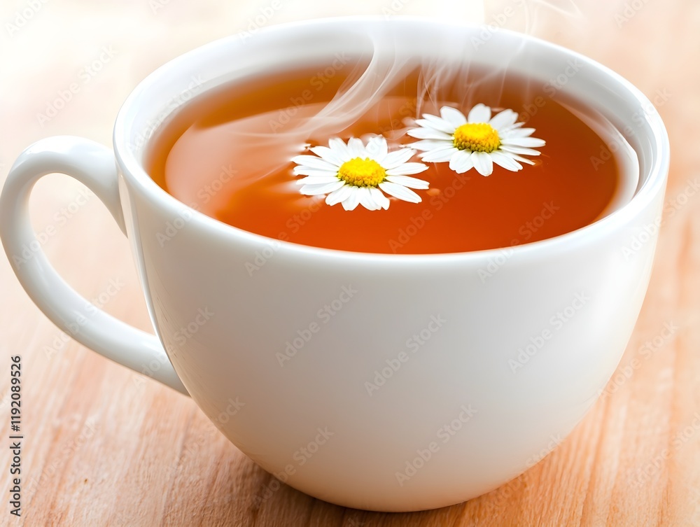 Steaming Cup of Chamomile Tea with Fresh White Daisy Flowers, Relaxing Herbal Infusion in White Ceramic Mug on Wooden Table, Perfect for Calm Moments, Wellness, and Natural Living Steaming Cup of Chamomile Tea with Fresh White Daisy Flowers, Relaxing Herbal Infusion in White Ceramic Mug on Wooden Table, Perfect for Calm Moments, Wellness, and Natural Living
