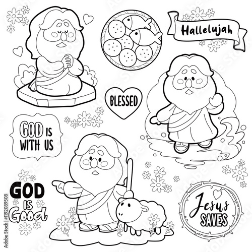 Cartoon Jesus Sticker Clipart Collection Jesus Praying Five Loaves and Two Fishes Walking on Water Shepherding black and white line art