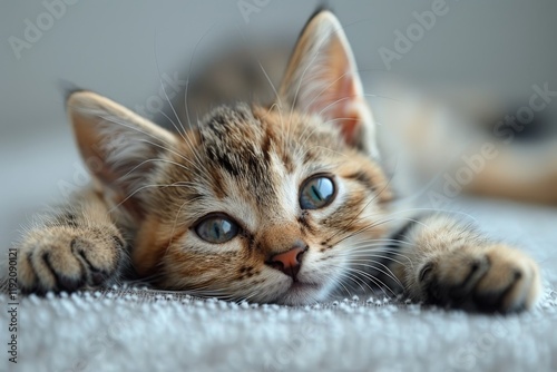 A playful kitten with captivating blue eyes stretches out on a soft blanket, its relaxed pose radiating contentment. photo