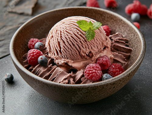 Food photo: delicious chocolate ice cream with raspberries in a bowl.