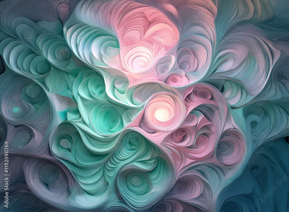 Abstract swirling pastel artwork. Layers of teal and pink create a mesmerizing, textured background with luminous centers. The image evokes a sense of depth and movement. Abstract swirling pastel artwork. Layers of teal and pink create a mesmerizing, textured background with luminous centers. The image evokes a sense of depth and movement.