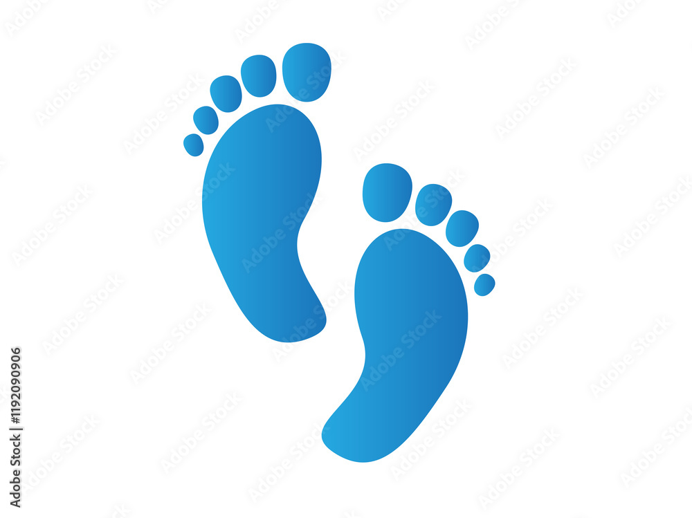 Gradient blue two human footsteps, showing both feet and all five toes Gradient blue two human footsteps, showing both feet and all five toes