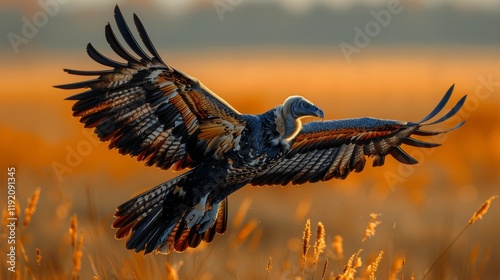 A vulture takes flight over a golden field, its wings outstretched against the warm glow of the setting sun.