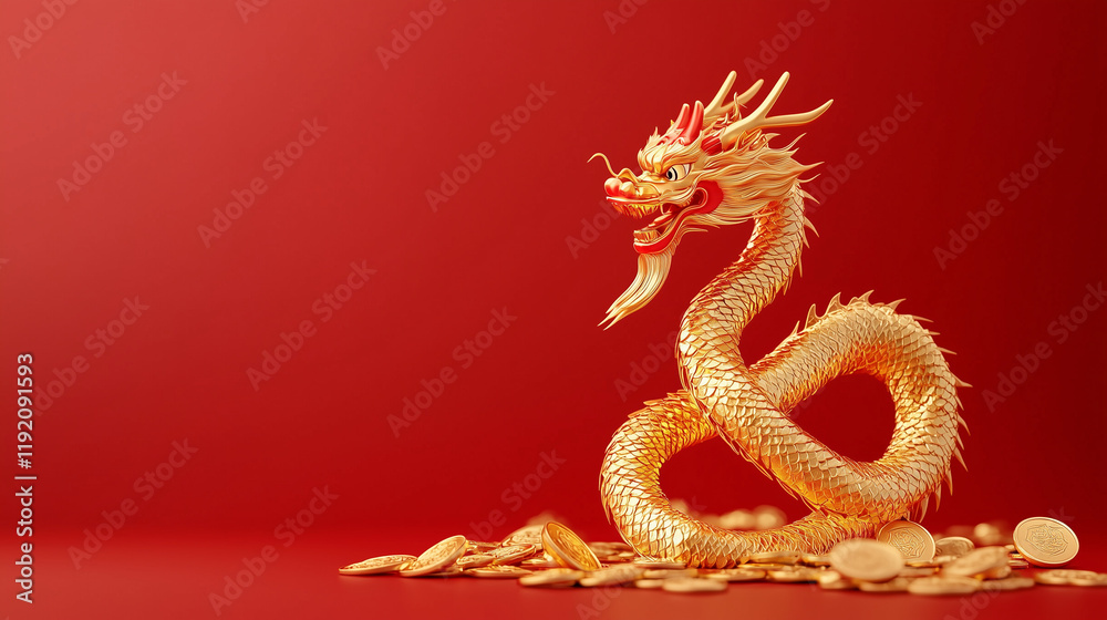 Obraz premium Golden Dragon and Coins: A majestic golden dragon statue, coiled elegantly, sits amidst a pile of gold coins against a rich red background, symbolizing prosperity, good fortune, and celebration. 