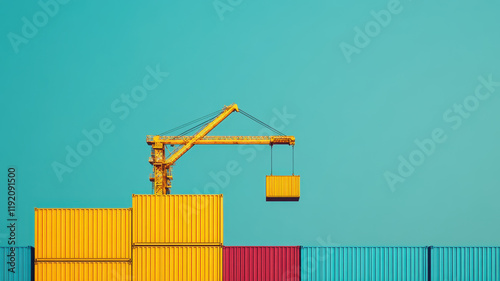 tower crane lifting colorful shipping container against blue sky