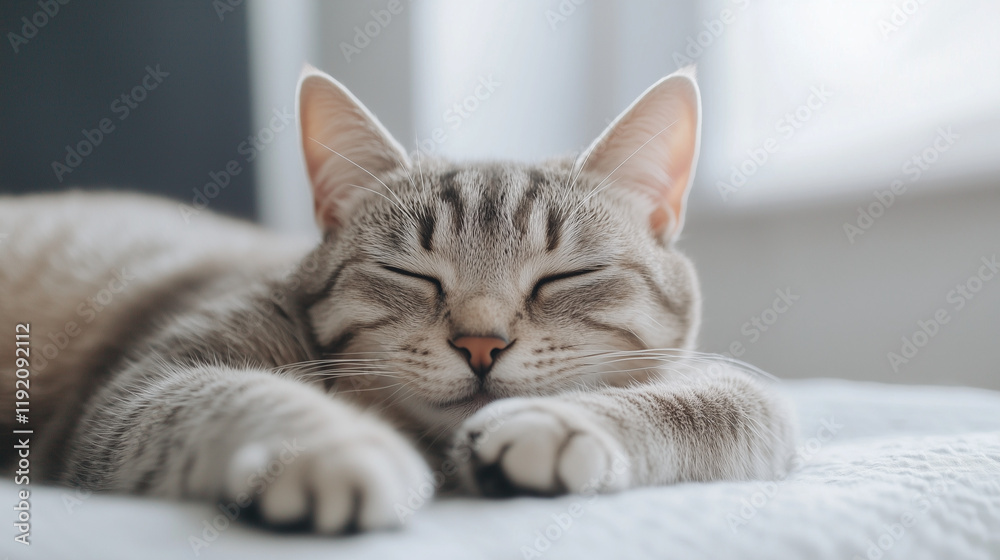 Naklejka premium Peaceful Slumber: A grey tabby cat, eyes closed, lies curled up in a peaceful sleep, paws tucked neatly beneath its chin, exuding serenity and contentment. 