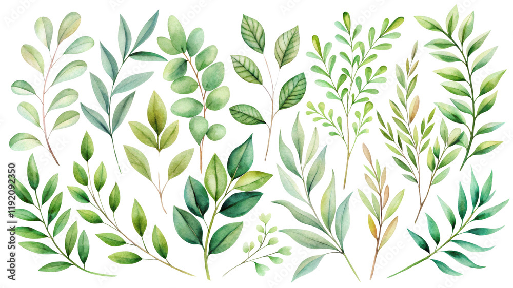 custom made wallpaper toronto digitalWatercolor Green Greenery Collection 20 Botanical Branches Isolated on Transparent Background, Clipart, Illustration, greenery, botanical, watercolor