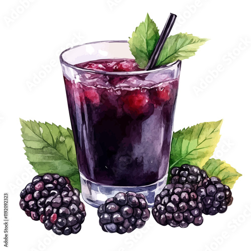 A watercolor drawing of blackberry juice, isolated on a white background. Blackberry Juice vector.
