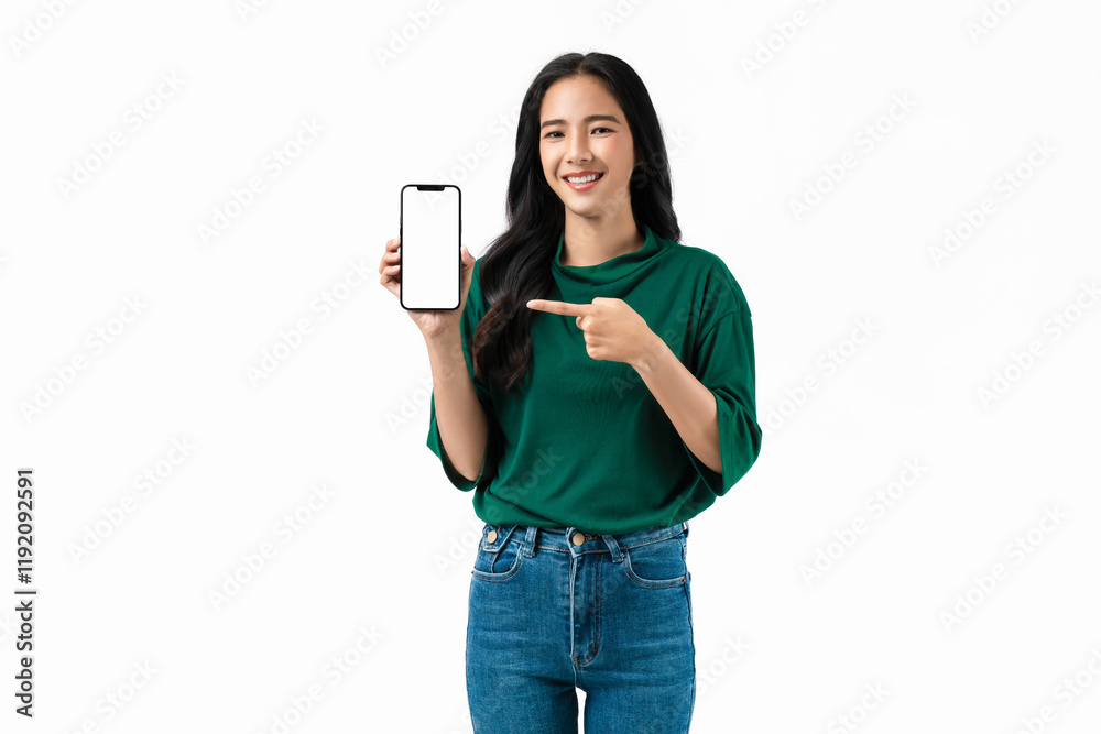 Studio shot of Beautiful Asian woman holding smartphone mockup of blank screen and smiling on white background. Studio shot of Beautiful Asian woman holding smartphone mockup of blank screen and smiling on white background.