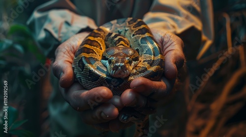 In a cinematic color-graded clinic, a vet offers a variety of foods to a Ball Python, creating an authentic and unstaged scene that highlights the snake's natural feeding behavior. photo
