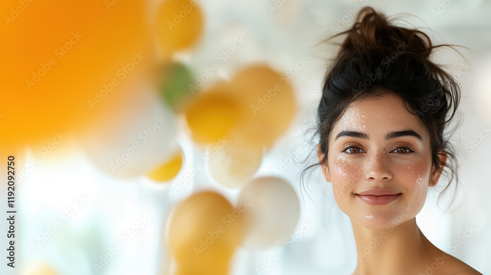 Beautiful model with glowing skin surrounded by yellow flowers on a soft, clean backdrop. Beautiful model with glowing skin surrounded by yellow flowers on a soft, clean backdrop.