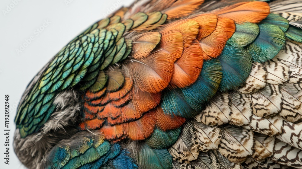 Obraz premium Close-up of Vibrant Bird Feathers Displaying a Rich Palette of Colors and Textures