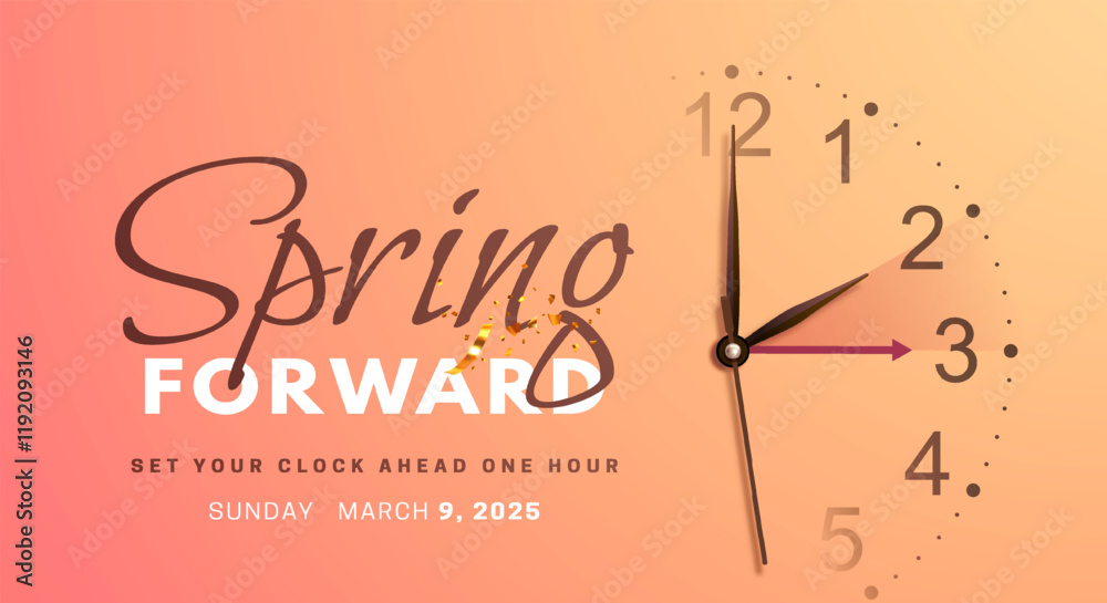 Daylight saving time. Spring forward concept banner with realistic 3d clock hands on orange background. Clock Dial with hands moving ahead one hour in March 9, 2025. Vector illustration